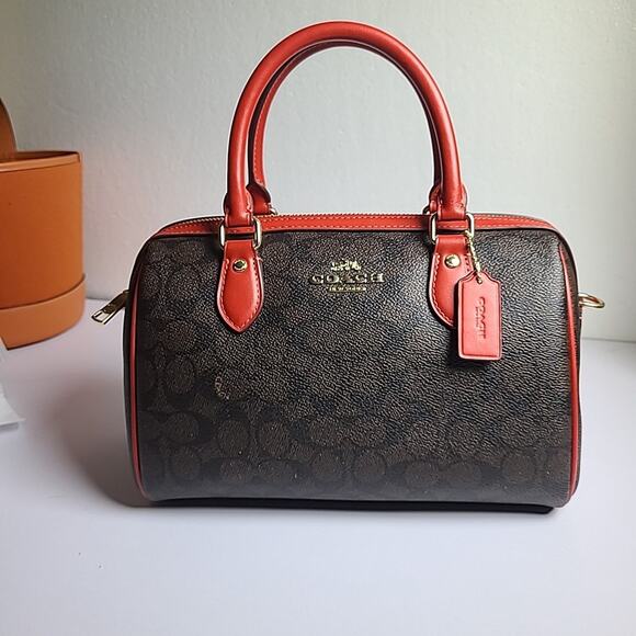 NWT Coach Medium Rowan Satchel In Signature Canvas Walnut Red Gold - Picture 3 of 4